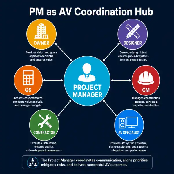Diagram แสดง Project Manager ในฐานะ AV Coordination Hub เชื่อมโยง Owner, Designer, QS, CM, Contractor และ AV Specialist