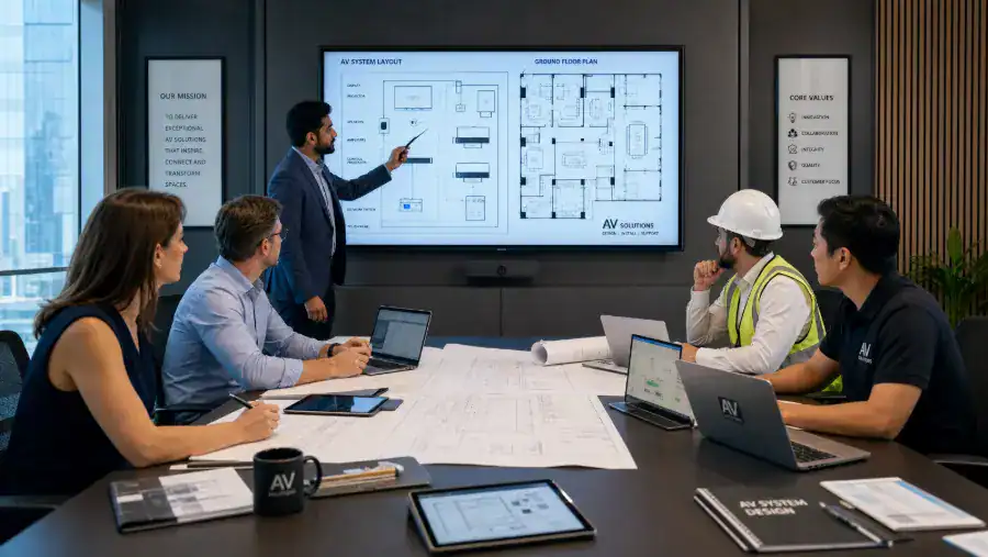 Project Manager นำทีมประชุมร่วมกับ Designer, QS, CM และ AV Specialist ในห้องประชุมโครงการ พร้อมแบบแปลนและจอแสดงระบบ Audiovisual